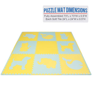 Kids Puzzle Exercise Play Mat with Textures and Borders - Jumbo Size 73" x 73" - Yellow/blue